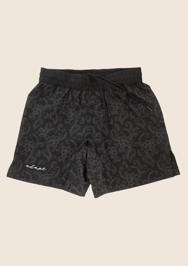 Unisex Jiu-Jitsu dual‑layer combination shorts with black paisley pattern; built‑in compression liner; adjustable fit.