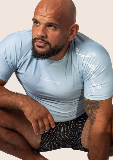 Men’s Prism BJJ rashguard in blue ice Jacquard Lycra with geometric prism pattern, short sleeves, compression fit.