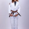 Women’s signature BJJ gi in white with 450 GSM jacket and 10 oz rip‑stop pants; premium embroidered design.