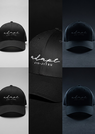 Six views of a black baseball cap with white embroidered text reading 'adapt JIU-JITSU' on the front, arranged in a collage against dark and light studio backgrounds.