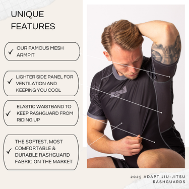Unique rashguard features:
Our famous mesh armpit,
Ligher side panel for ventilation and keeping you cool,
Elastic waistband to keep rashguard from riding up,
The softest, most comfortable & durable rashguard fabric on the market 