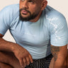 Men’s Prism BJJ rashguard in blue ice Jacquard Lycra with geometric prism pattern, short sleeves, compression fit. 
