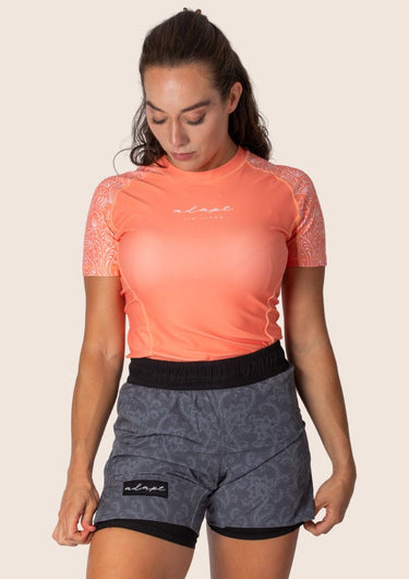 Unisex Jiu Jitsu dual‑layer combination shorts featuring dark grey paisley print; internal compression layer; flexible fit.
